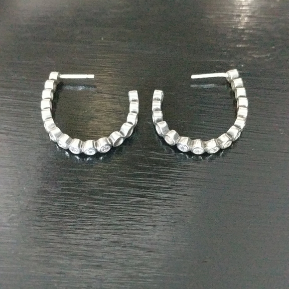 STERLING SILVER Cubic Zirconia Semi Hoop Earrings - Picture 6 of 8